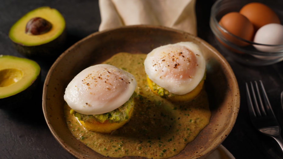 Polenta Cakes with Poached Eggs, Guacamole, and Pumpkin Salsa | Louisiana Egg Commission