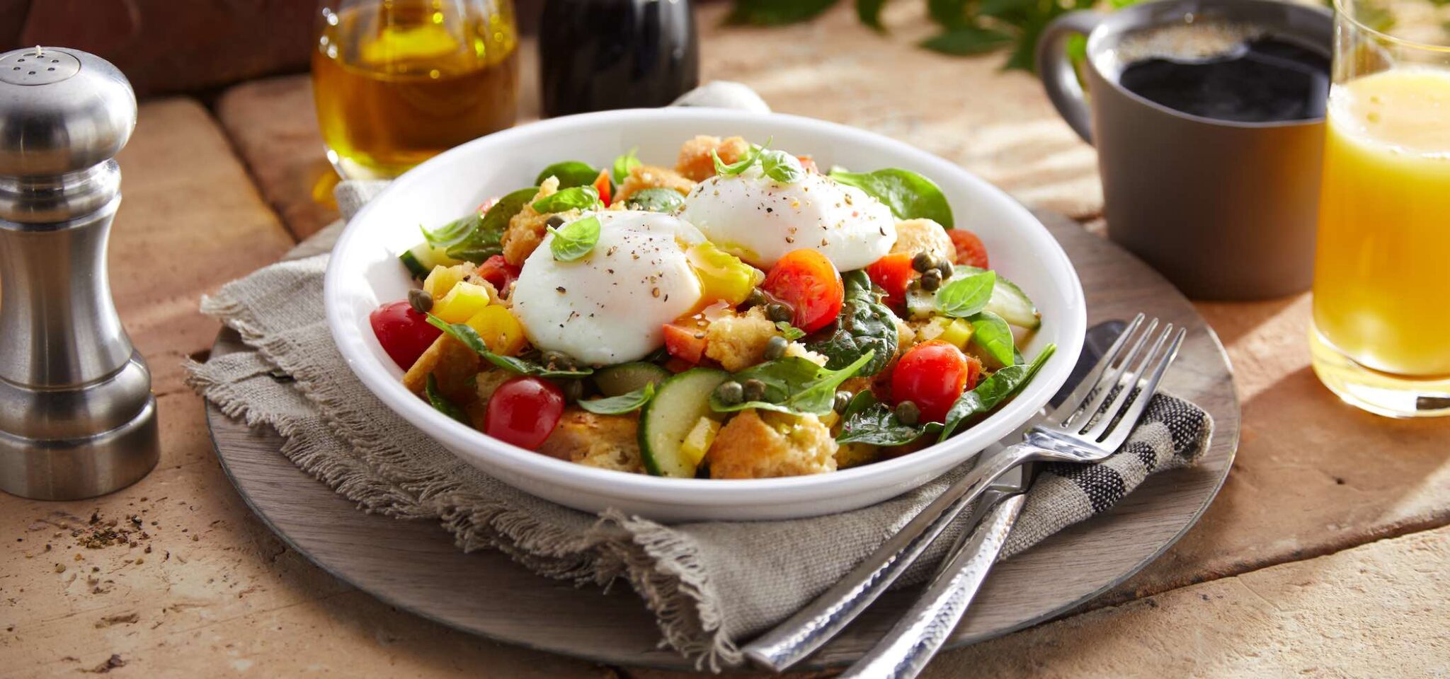 Breakfast Panzanella Bowl With Soft Poached Eggs | Louisiana Egg Commission