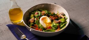 Spinach Salad With Bacon, Mushrooms, Poached Eggs and Bacon Vinaigrette featured image